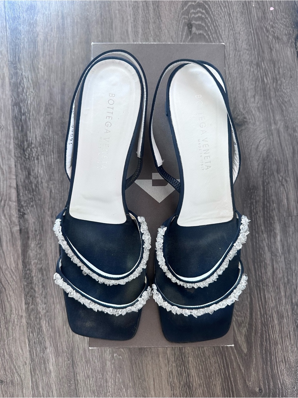 Bottega Veneta Black Satin Crystal-Embellished Slingback Mules